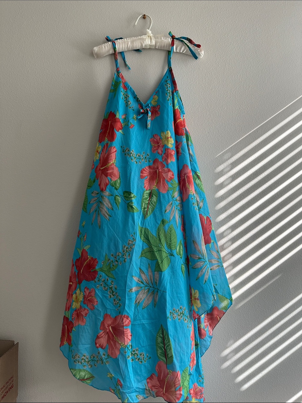 Hawaiian Style Blue Floral Midi Sundress with Spaghetti Straps
